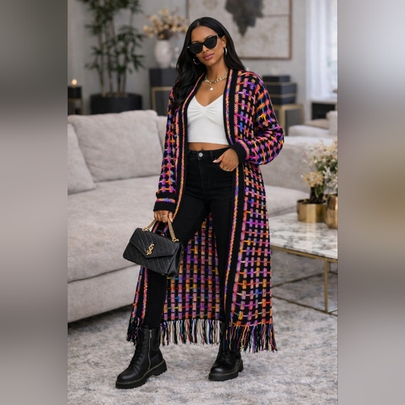 Boho Fringe Long Knit Cardigan Duster Multicolor Cozy Festival Sweater - Picture 3 of 9